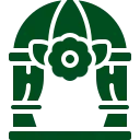 Grünes Symbol einer Hochzeitskuppel mit einer Blume in der Mitte und zwei Säulen auf beiden Seiten.