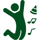 Grüne stilisierte Figur springt mit erhobenen Armen, daneben zwei Musiknoten und ein Lautsprechersymbol.